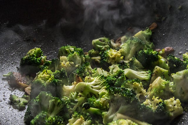Broccoli with garlic in a frying pan