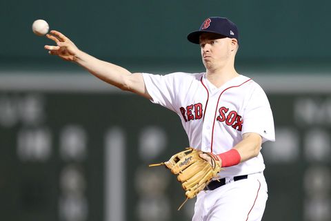 brock holt wears a red sox baseball uniform, hat, and glove and throws a ball on the field