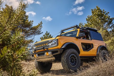 trail sights on the front fenders serve as tie downs, reminiscent of the first generation bronco aftermarket accessories shown not available for sale prototype not representative of production vehicle