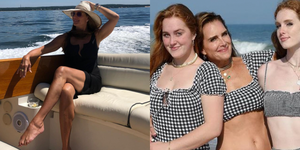 left brooke shields on a boat, right brooke shields with her daughters on the beach
