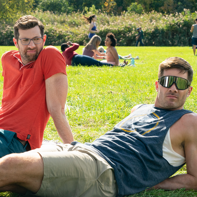 from left bobby billy eichner and aaron luke macfarlane in bros, co written, produced and directed by nicholas stoller