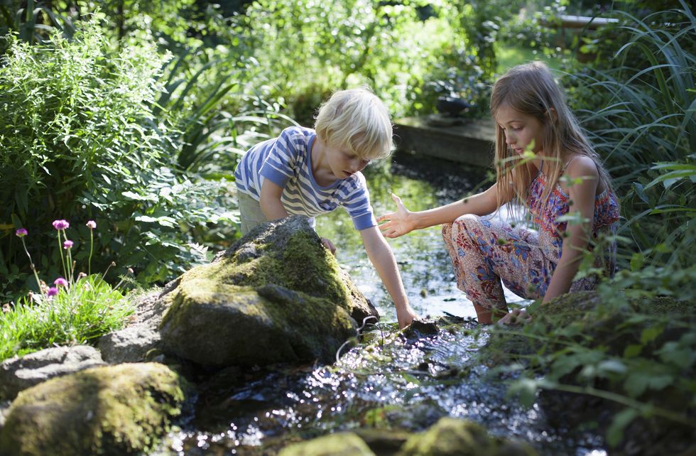 Brother and sister playing by a stream in the garden