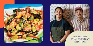 side by side photo of food and author