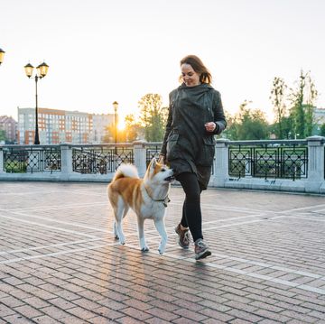 brown haired woman jogging, walking dog akita inu in the green park, early morning