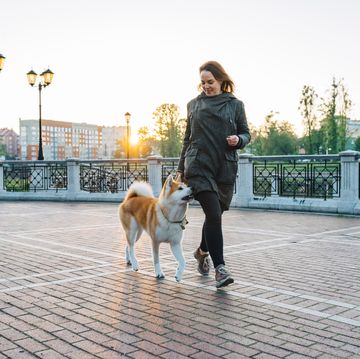 brown haired woman jogging, walking dog akita inu in the green park, early morning