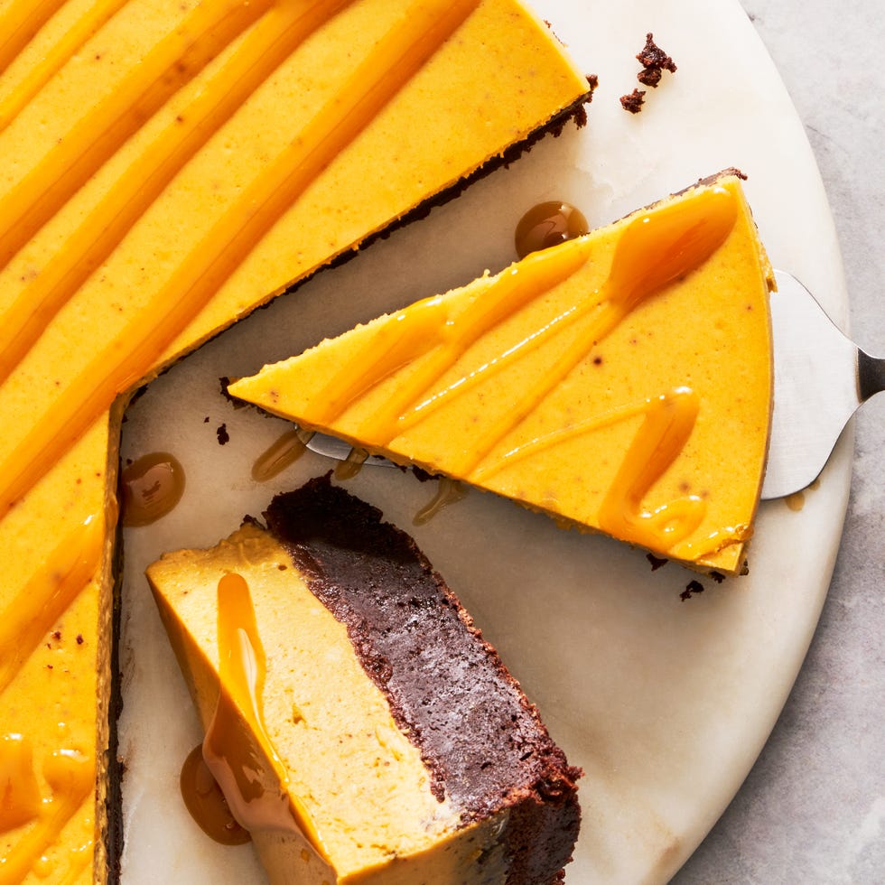 brownie bottom pumpkin cheesecake with a caramel sauce