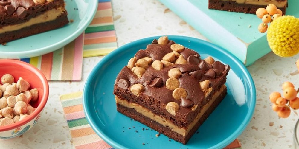 brownie recipes with peanut butter chips on blue plate