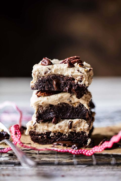 butter pecan frosted fudge brownies stacked