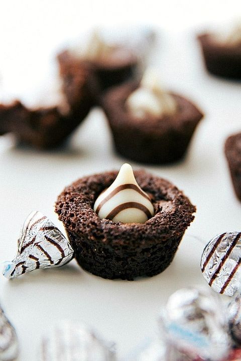 chocolate filled mini brownie bites with hersheys kisses