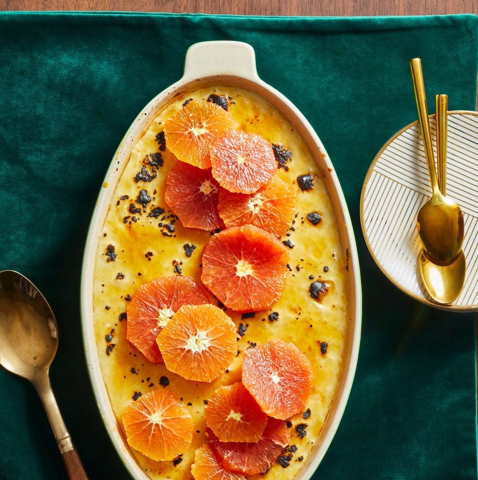 creme brule with a creamy base topped with orange slices