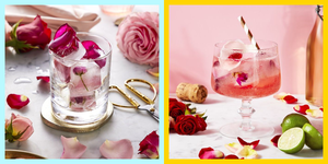 Pink, Drink, Pink lady, Rose, Food, Wine cocktail, Petal, Rose, Garden roses, Champagne stemware, 