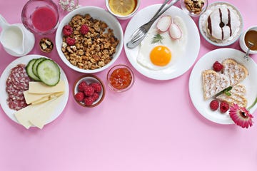 brunch spread on pink background