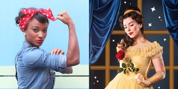a woman dressed in belle's yellow dress from beauty and the beast and rosie the riveter