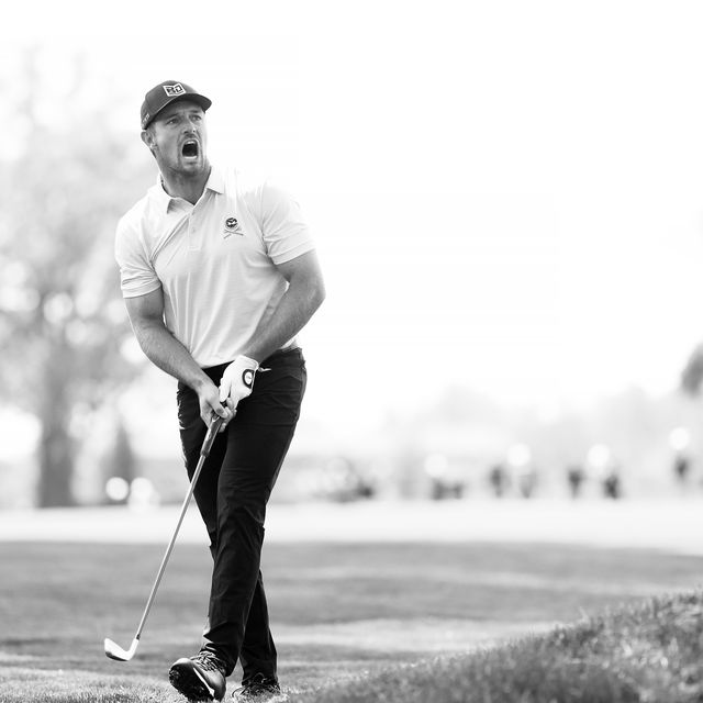 rochester, new york may 18 editors note this image has been converted to black and white bryson dechambeau of the united states reacts to his second shot on the 17th hole during the first round of the 2023 pga championship at oak hill country club on may 18, 2023 in rochester, new york photo by maddie meyerpga of americapga of america via getty images