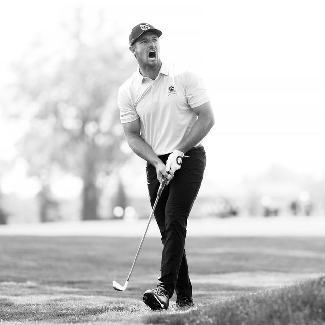 rochester, new york may 18 editors note this image has been converted to black and white bryson dechambeau of the united states reacts to his second shot on the 17th hole during the first round of the 2023 pga championship at oak hill country club on may 18, 2023 in rochester, new york photo by maddie meyerpga of americapga of america via getty images
