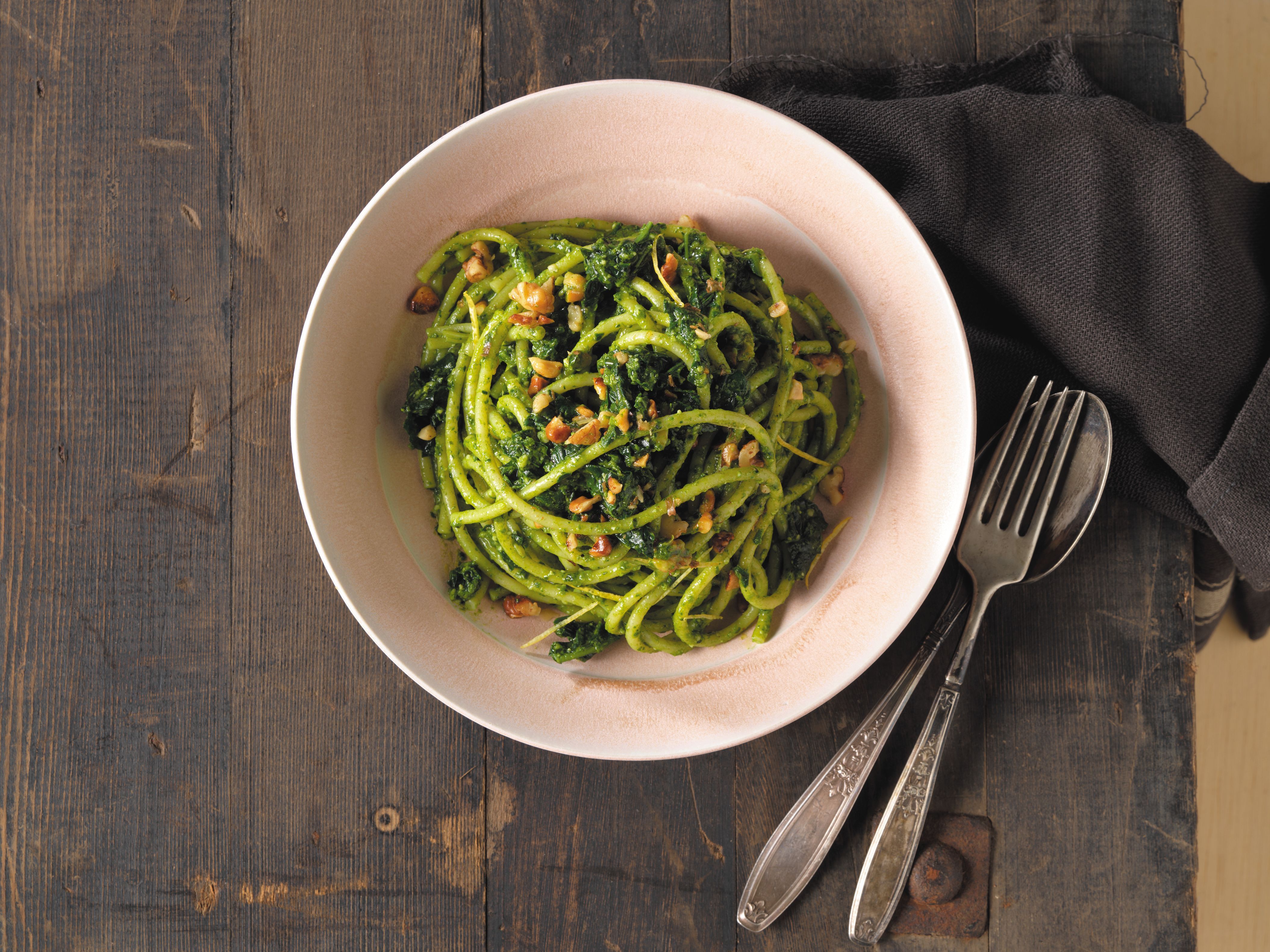 Bucatini Verde with Tuscan Kale Pesto and Walnuts Recipe