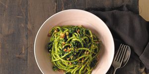 bucatini verde with tuscan kale pesto and walnuts