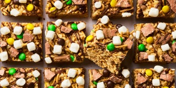 rice krispies treats with marshmallows, candy, and pop tart pieces