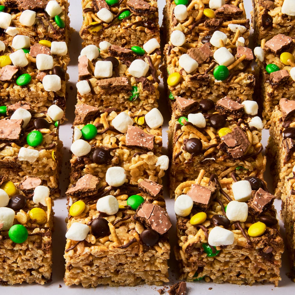 rice krispies treats with marshmallows, candy, and pop tart pieces