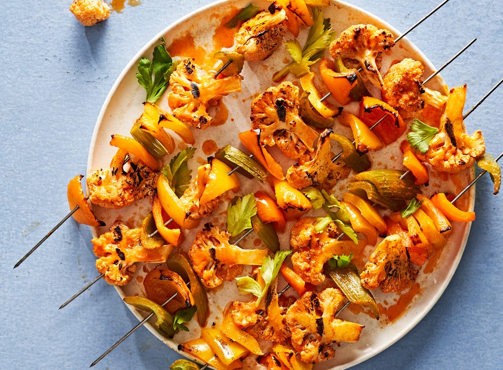 buffalo cauliflower kebabs with peppers and celery