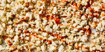 popcorn covered with ranch and buffalo sauce