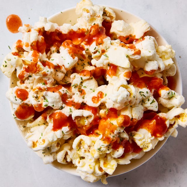 popcorn covered with ranch and buffalo sauce