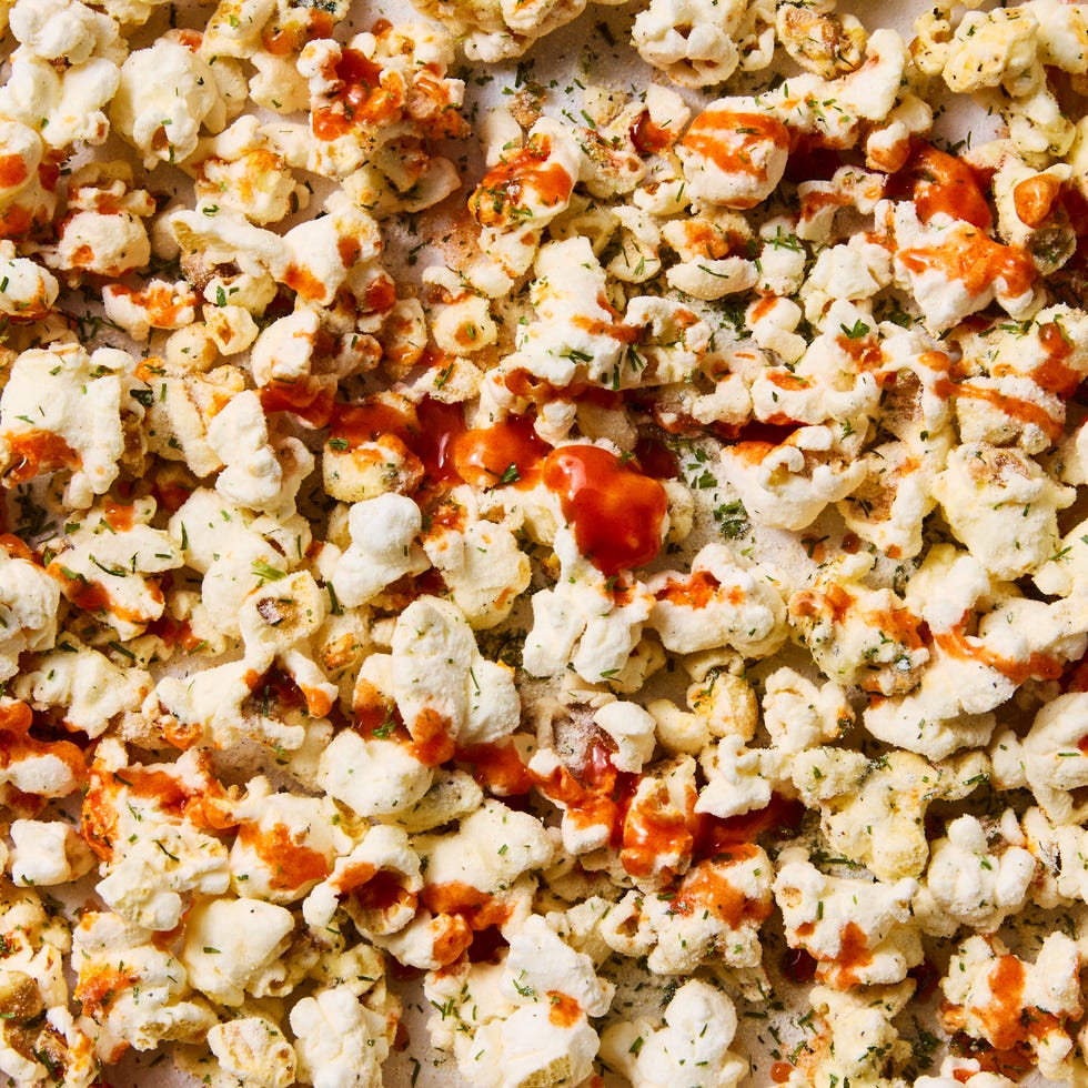 popcorn covered with ranch and buffalo sauce