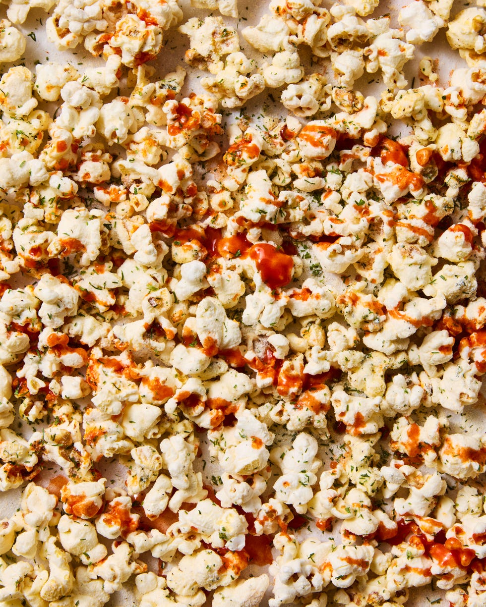 popcorn covered with ranch and buffalo sauce