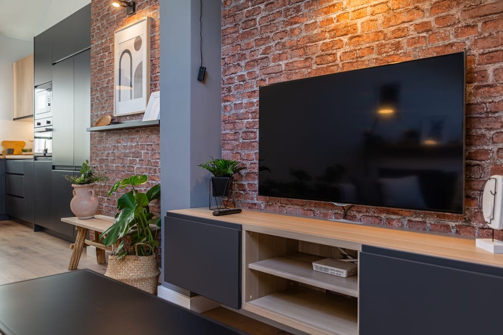 mueble de tv de diseño moderno en madera y gris