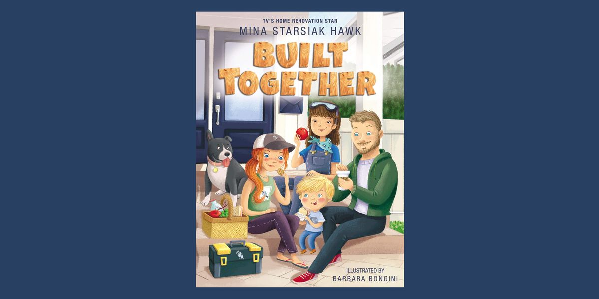 mina starsiak hawk's "built together" book cover with illustration of a family of four and their pup