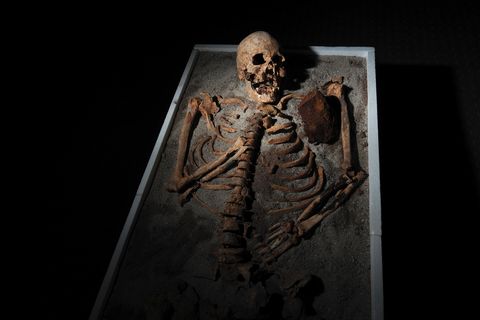a picture taken on june 14, 2012 shows a skeleton with an iron piece before being exposed at the national history museum in sofia the ancient skeleton of a man, pinned down in his grave in order not to turn into a vampire, piqued interest in bulgaria this week, where vampire tales and rites still keep their bite even nowadays the 700 year old skeleton    unearthed in the necropol of a church in the black sea town of sozopol earlier in june    was stabbed in the chest with an iron rod and had his teeth pulled before being put to rest  afp photo  nikolay doychinov        photo credit should read nikolay doychinovafpgettyimages