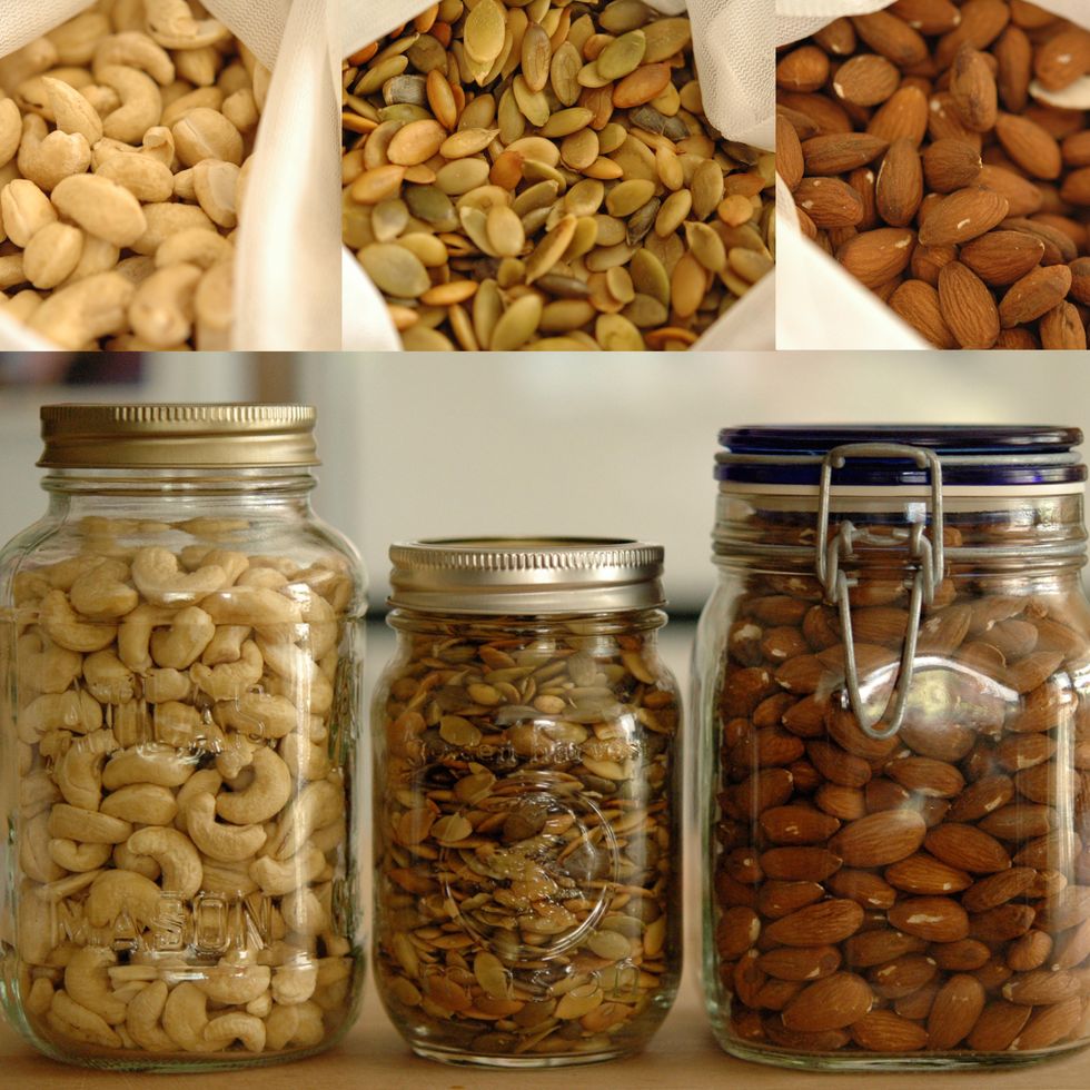 bulk cashews, seeds, almonds