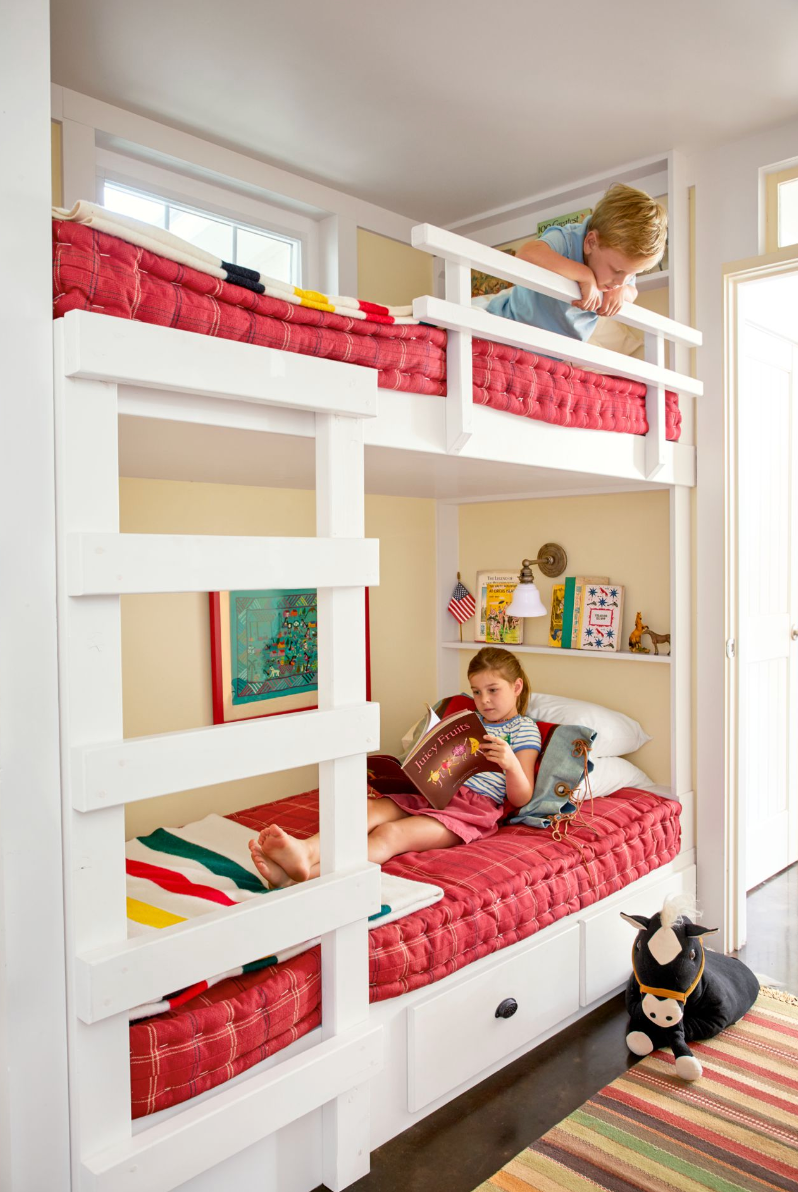 kids bunk room in texas with red french mattresses