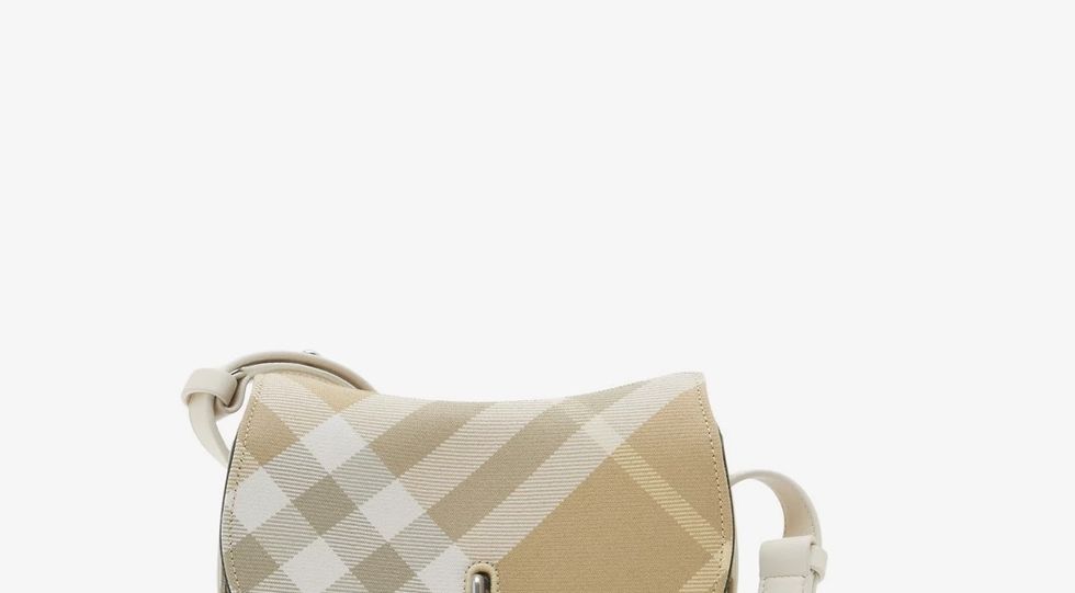 a white and tan purse