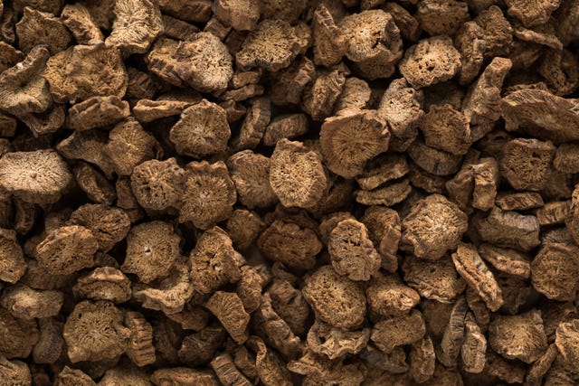 greater burdock root dry slices, overhead close up view