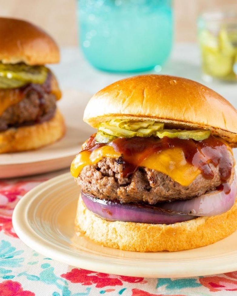 bison burgers with bbq sauce cheese onions and pickles