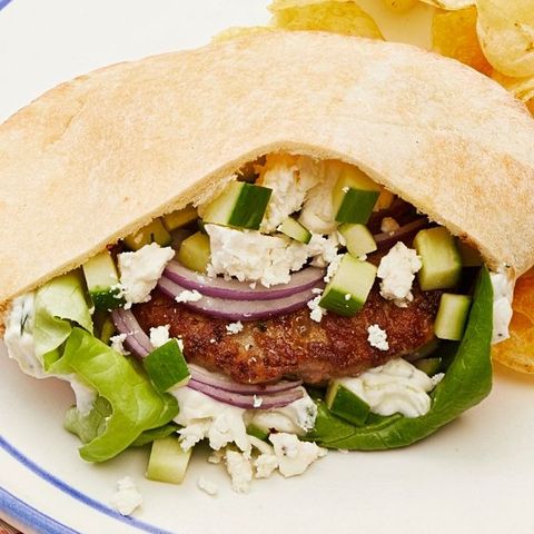 greek style turkey burgers with feta and cucumbers in pita
