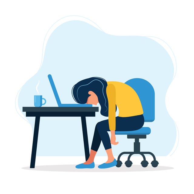 burnout concept illustration with exhausted female office worker sitting at the table frustrated worker, mental health problems vector illustration in flat style