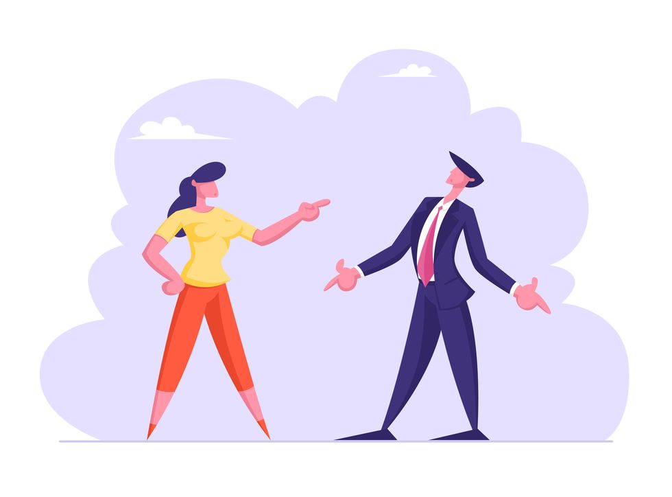 business man and woman yelling on each other having quarrel and fight businesswoman and businessman disagreement, work conflict between colleagues or office employees cartoon flat vector illustration