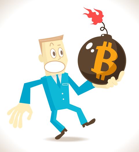 Businessman holding a bomb with Bitcoin currency sign (cryptocurrency bubble)