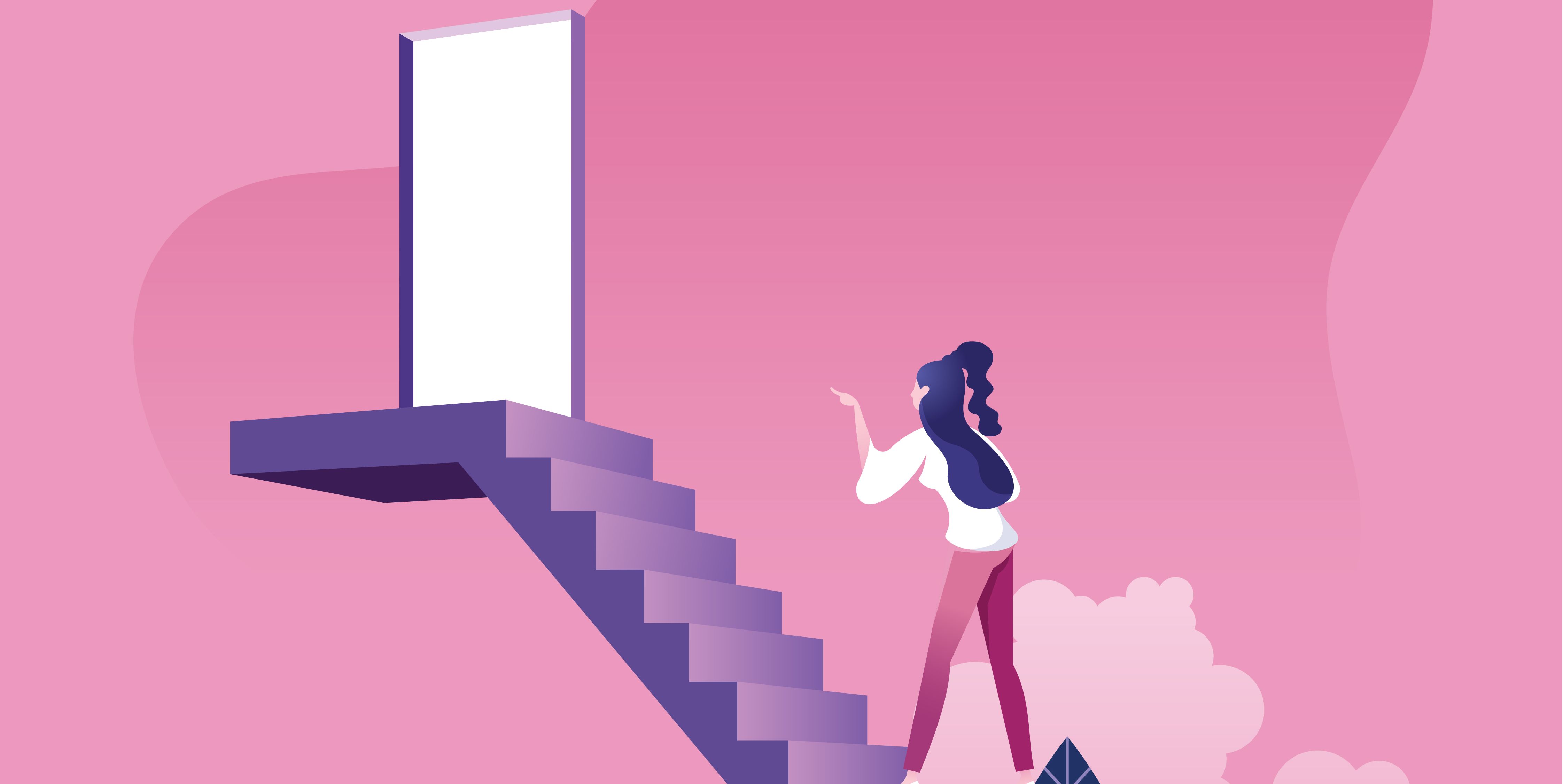 businesswoman walking up staircase to door in sky