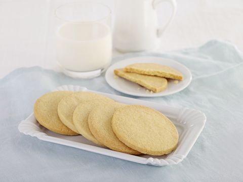 Butter biscuits served on platter and dessert plate with glass of milk