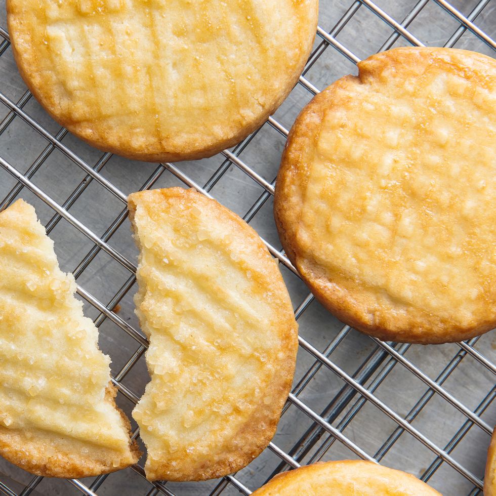 golden brown butter cookies with a crosshatch pattern
