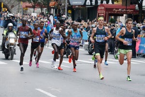 new york, ny   november 05  wilson kipsang kiprotich, geoffrey kamworor, abdihakem abdirahman, meb keflezighi and koen naert seen running at mile 17 during the  2017 tcs new york city marathon on november 5, 2017 in new york city  photo by john lamparskigetty images