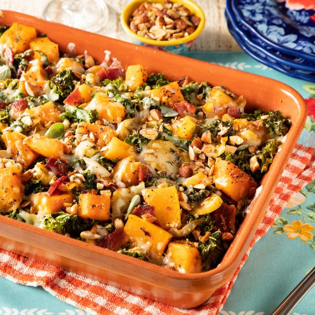 butternut squash casserole with caramelized onions, bacon, kale, gruyere cheese and chopped, smoked almonds