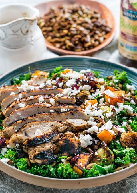 butternut squash salad with grilled chicken in a bowl