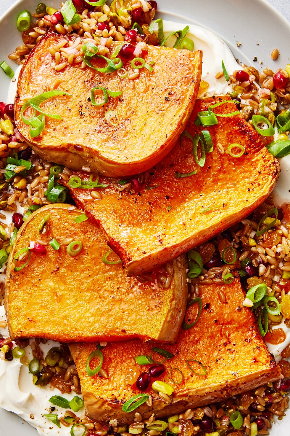 butternut squash steaks with creamy yogurt and farro and pomegranates on a plate