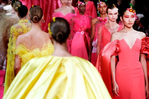 Pink, Dress, Tradition, Fashion, Event, Yellow, Gown, Haute couture, Magenta, Fashion design, 