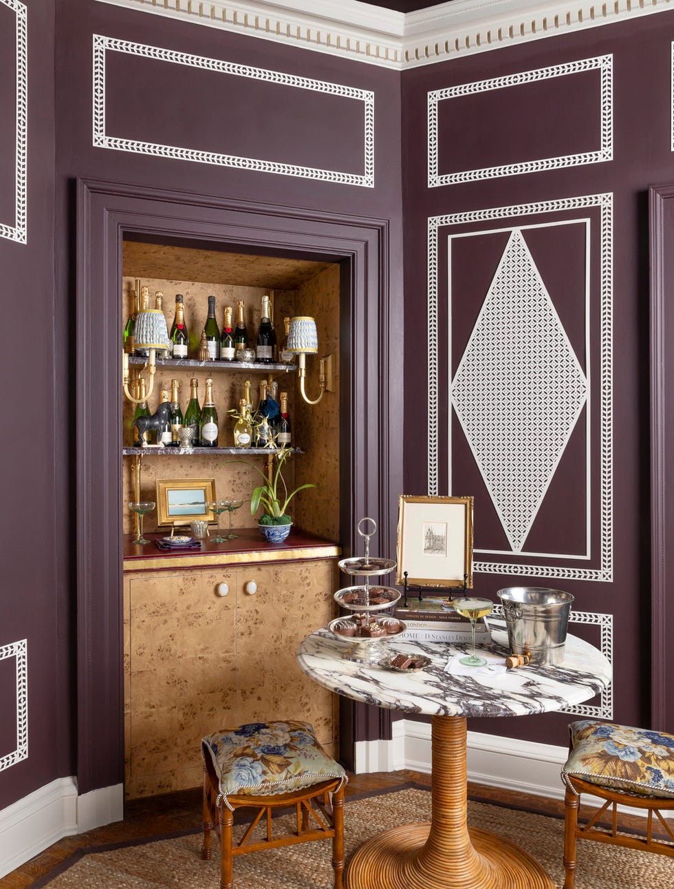kipling house interiors turned a shallow closet in an octagonal room off the entryway into an out of the way bar nook. house beautiful whole home 2023. 1906 hinsdale\, illinois house.