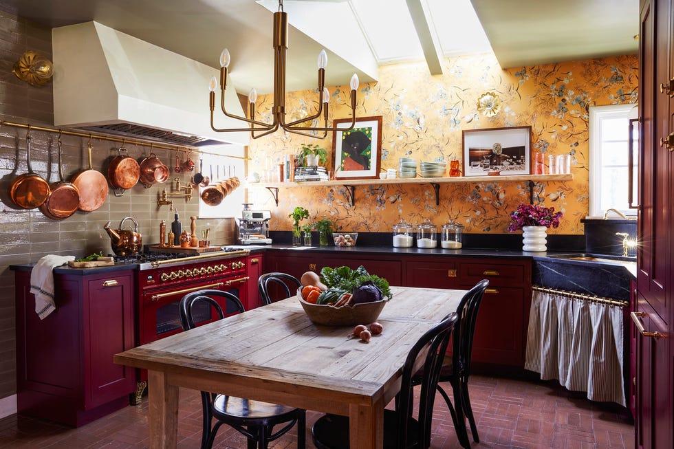 shavonda gardner\, home tour\, sacramento\, ca kitchen cabinetry mastercraft range ilve table rh lights mitzi wallpaper meadow\, kelly ventura floor and backsplash tiles fireclay tile skylight velux hood insert zephyr